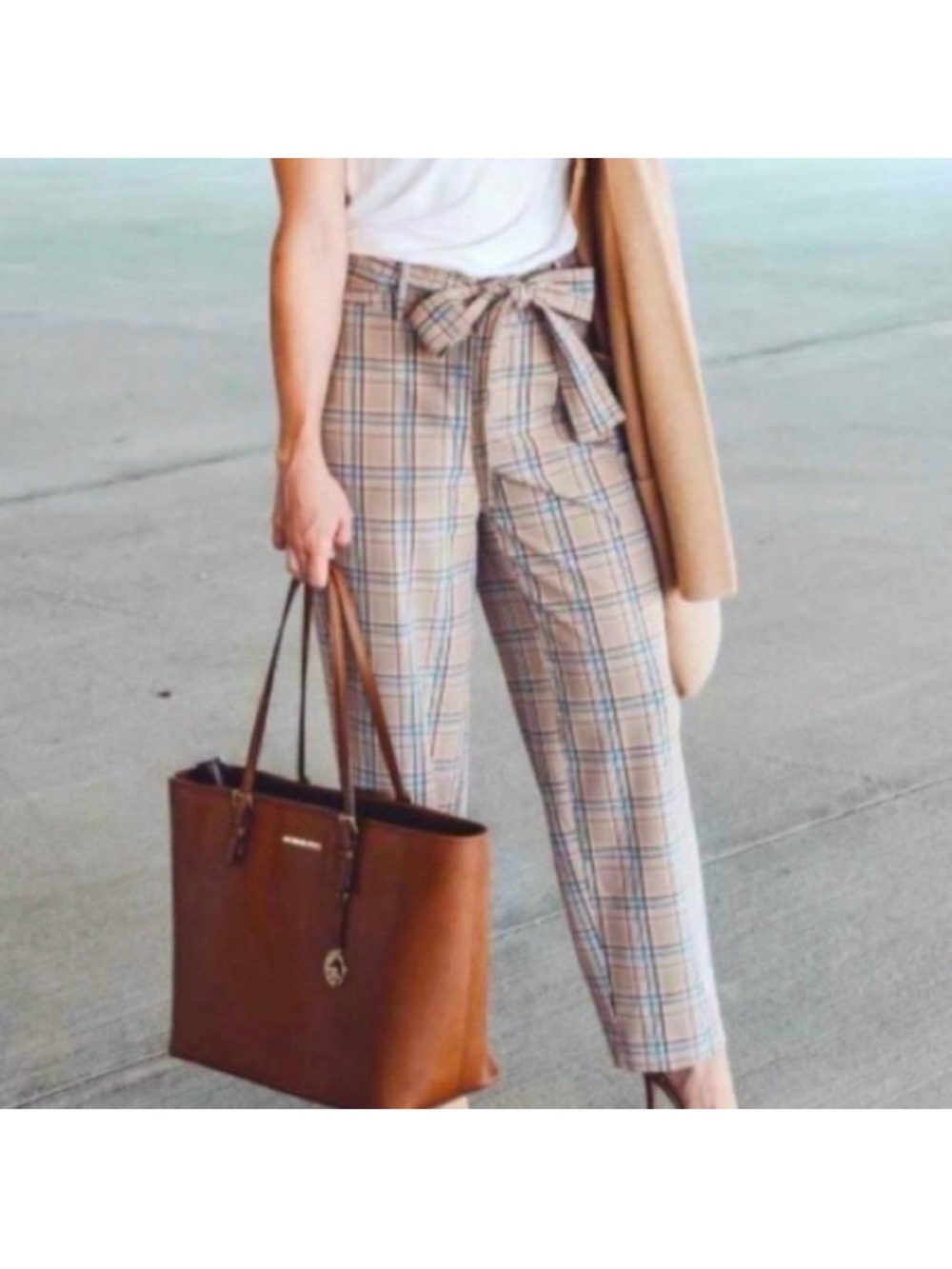 a new day Beige Plaid Tie-Waist Straight Leg Pants